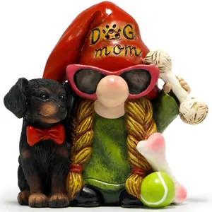 Hodao Dog Mom Gnome Statue – Canine & Gnome Resin Decor Indoor Outdoor Gift for Pet Lovers Desk Porch Patio Accent Dog Moms Garden Ornament Red