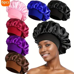 6Pcs women's fashion new solid color hair cap wide edge elastic elastic silky smooth satin home sports daily home leisure hair cap sleep cap