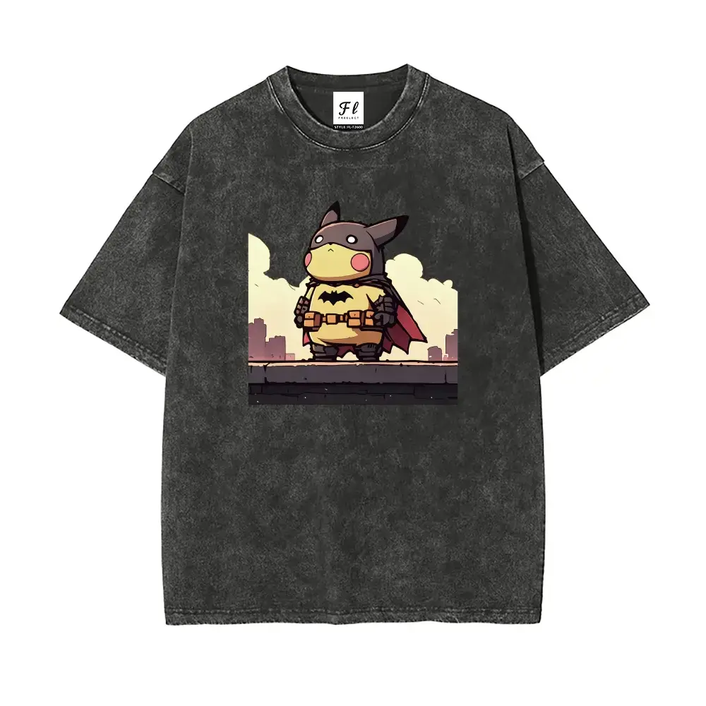Men's Vintage Acid Wash Pika-Batman Graphic Tee - Heavyweight Cotton Fabric, Garment Dyed, Stretch, Short-Sleeve, Round Neck, Drop Shoulder Oversized Fit