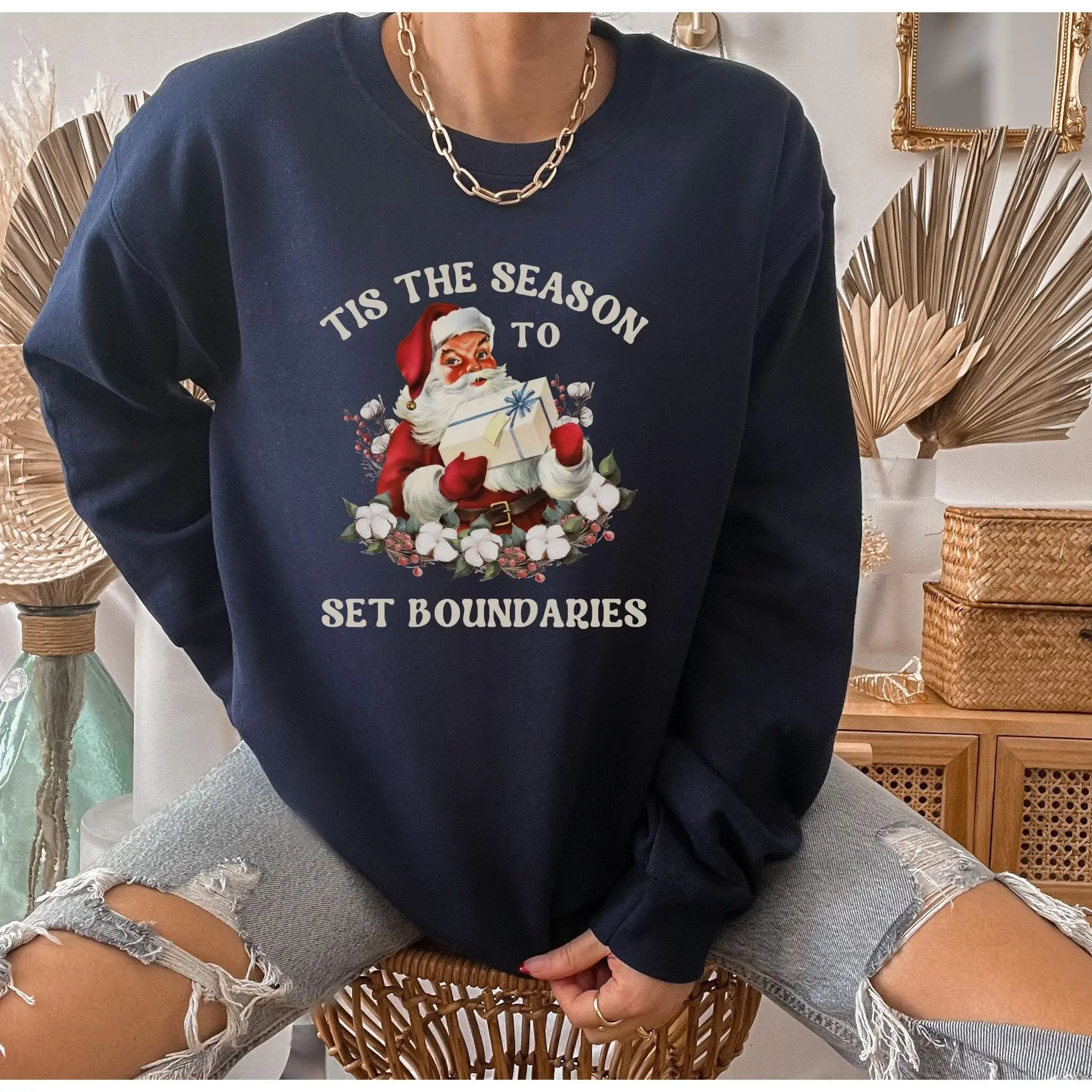 Vintage Christmas Cotton Crewneck Boundaries Graphic T-shirt Mental Health Top Gift For Therapist Festive Holiday Top Depression Top Bipolar Disorder