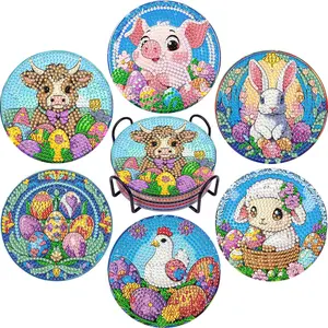 5D DIY Diamond Painting Coaster Kit, Easter Animal Round Full Drill Diamond Art, Beginner-Friendly Rhinestone Cup Mat Set, Home Table Decor Easter Gift