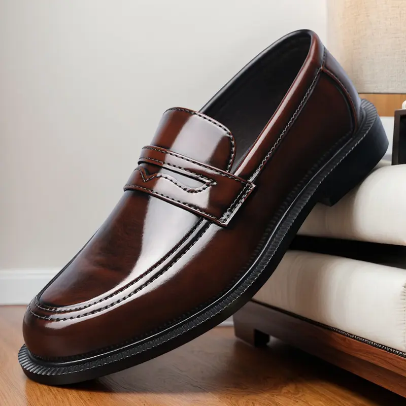 Men's Classic Hand-Rubbed Penny Loafers - Thick-Sole Rubber-Sole Slip-On Leather Footwear for Work, Office, Business Casual Style 82665