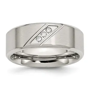 Stainless Steel Wedding Band with Polished Brushed Finish and CZ Elegance