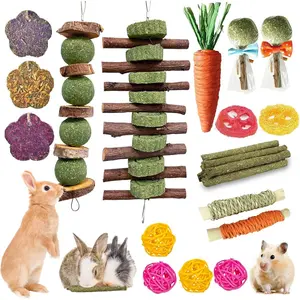 21 Pcs Rabbit Chew Toys for Teeth, Natural Bunny Toys Peach Wood Grass Timothy Sticks Chew and Treat for Guinea Pigs Hamster Chinchillas and Other Small Pets Natural Timothy Hay Rabbit Chews