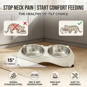 Elevated Double Pet Bowls 15° Tilted Ceramic Cat & Dog Feeder 1200ml Total Capacity 600ml per Bowl Ergonomic Neck Protection Non-Slip Base Whisker Friendly