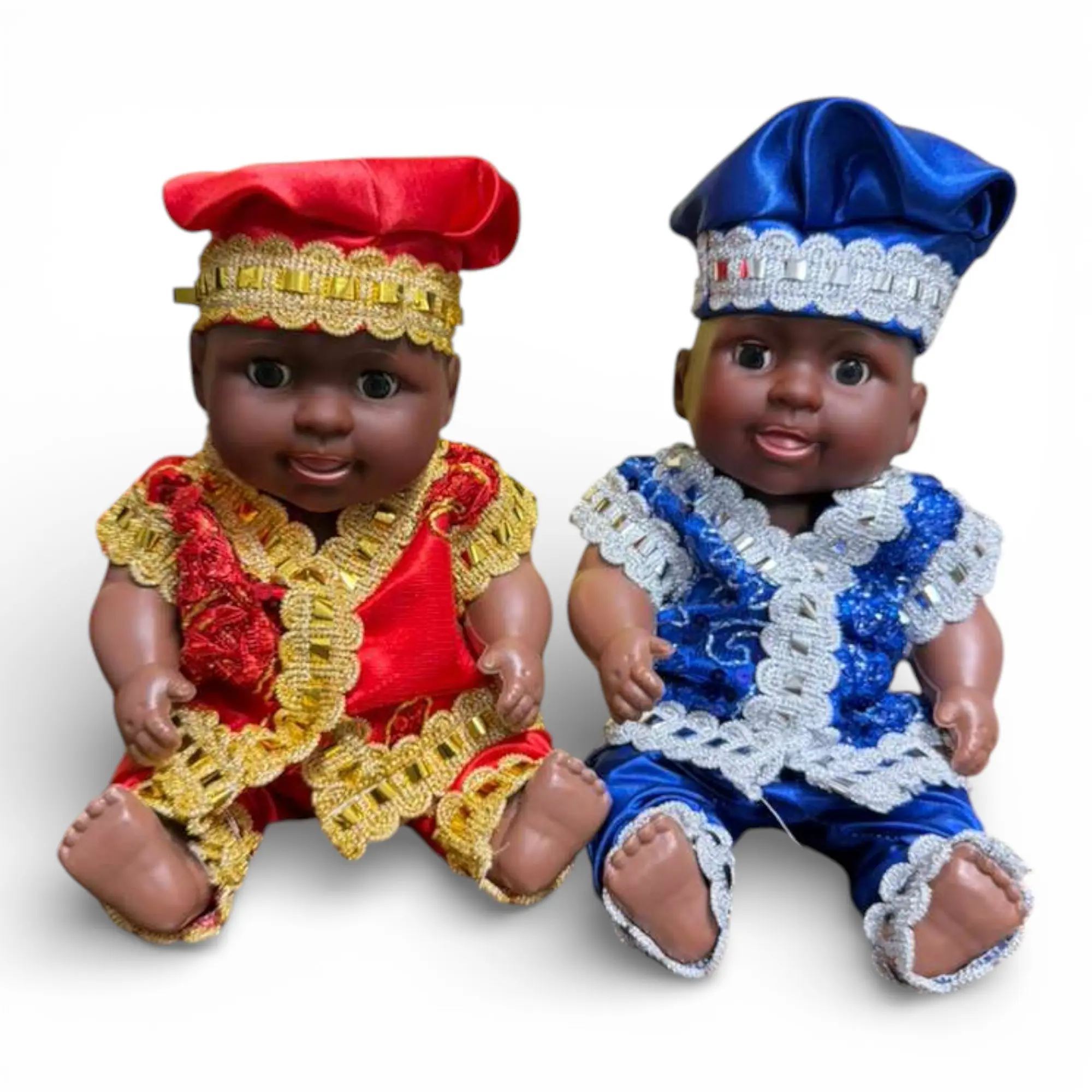 Traditional Yoruba Ocha Ibeyis Twins Dolls Jimaguas - Santería Spiritual Protection, Luck & Harmony Figurines - Red & Blue African Style Baby Dolls, Botánica Religious Home Decor