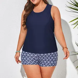 【3pcs & 16-28W】Hanna Nikole Women Plus Size 3pcs Set Tummy Control Swimsuit Hollowed-Out Tank Top+Cropped Tops+Briefs Tankinis Tankinisuit