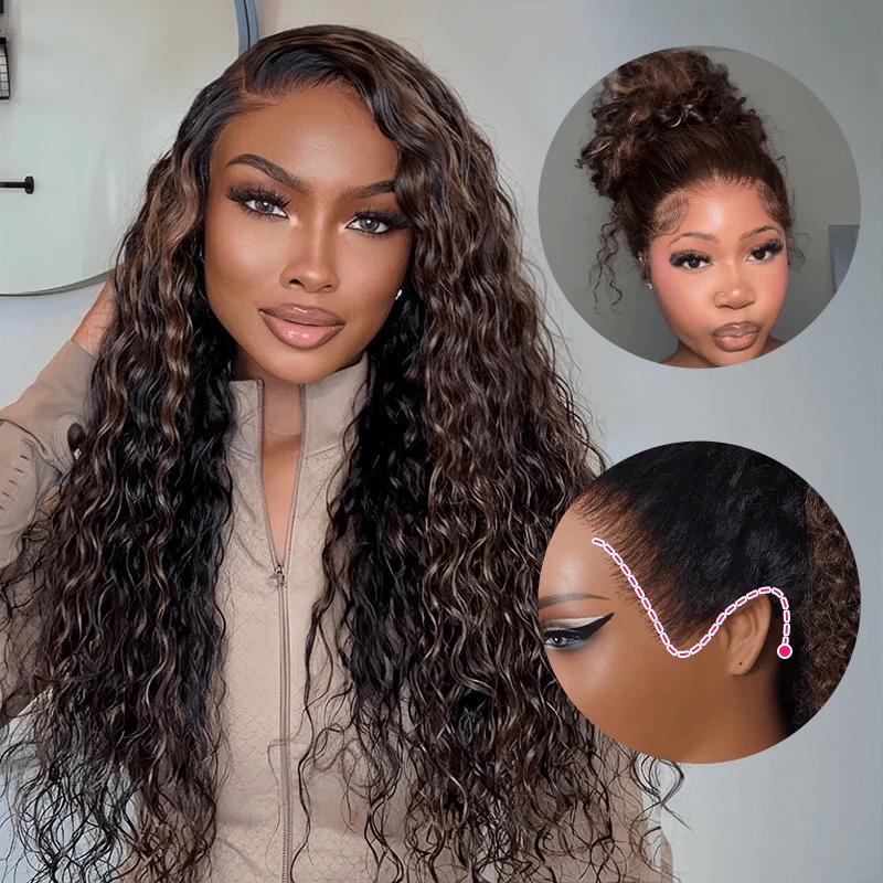 Female Human Hair 360 Lace No Glue Fluffy Wave Wig, Brown Balayage Highlights, 180% Density, Pre-Cut HD Skin Lace, Invisible Adjustable Strap Fit, Length 22 Inch, Daily Wear
