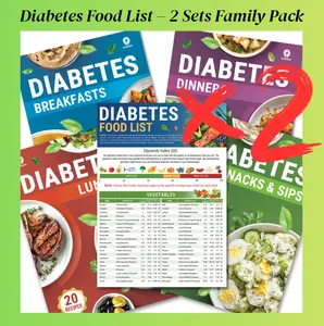 Set 5 Pcs Diabete Food List & Meal Planner & 80 diabetic-friendly Recipes– Printable Low GI Chart, Calorie & Carb Guide, Glycemic Index for Diabetics Type 1 & 2, Gift for mom