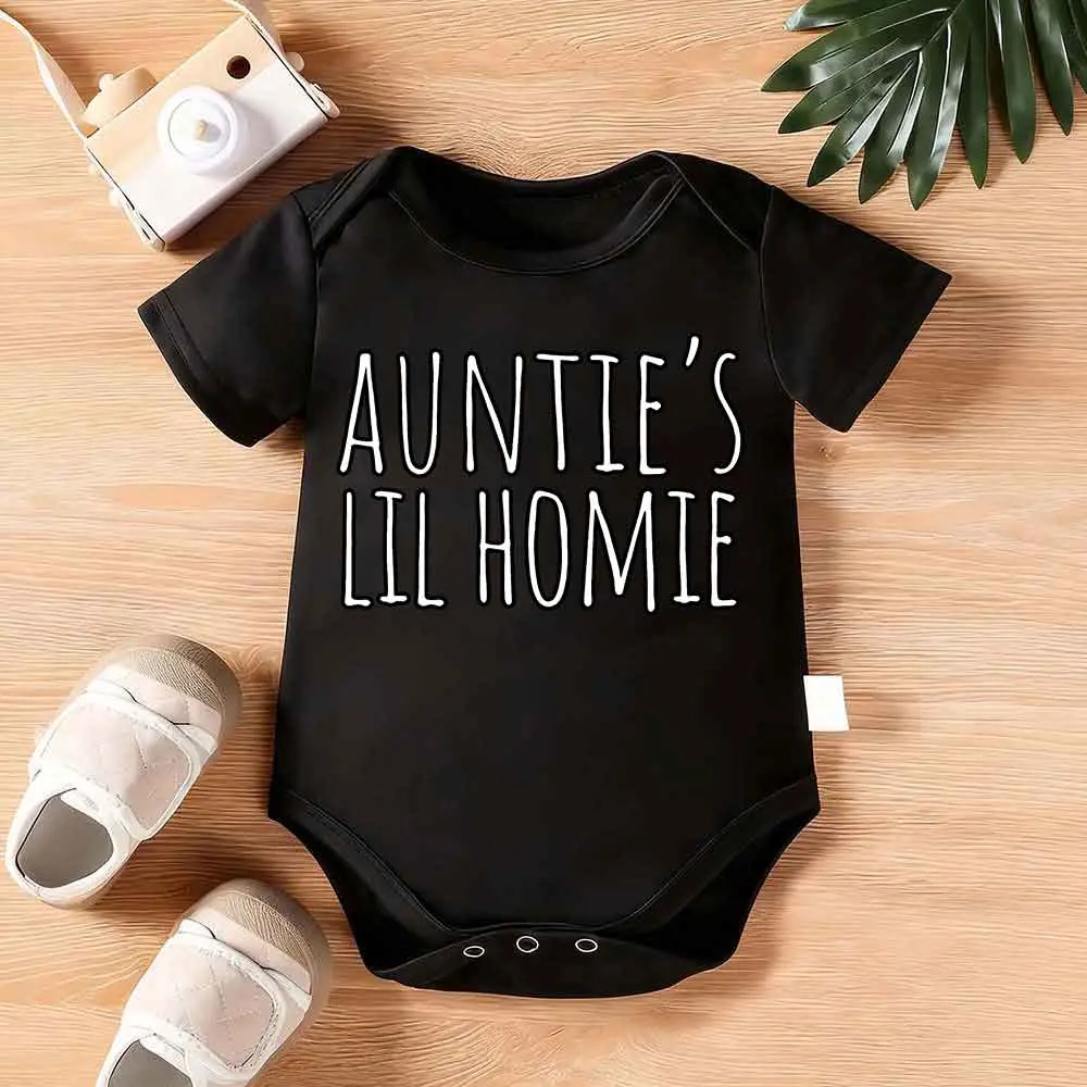 Unisex 100% Cotton Baby Bodysuit, Casual 'Auntie's Lil Homie' Print Onesie with Expandable Shoulders, Soft Breathable Fabric, Tagless with Snaps, Breathable Feel, Easy Dressing, Crew Neck, Fitted, Basic, Soft 100% Cotton, Slogan