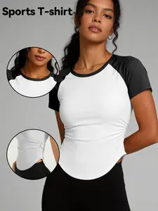 Women's Raglan Sleeve Sportswear Top, Side Ruched Curved Hem Short Fitness T-Shirt, Sports Tops, Ideal for Yoga, Gym, Running, Fall & Winter