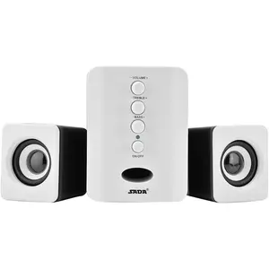 Compact Wired USB Speaker with Powerful Bass Subwoofer, USB 2.1 Plug-N-Play Audio Device for Desktop PC, Home Office Use, White