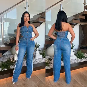 Chic Off Shoulder Tube Top Cut Out Denim Jumpsuit Women's Two-Piece Casual Wear Minimalist Style Basic Overalls