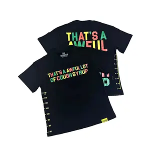 Oversized Black Bold Letter Mosaic Graphic Tee Unisex Streetwear, "That's a Awful Lot of Cough Syrup" Funny Statement Design with Playful Icon Motifs & Patchwork Typography, Casual Daily Fashion Top for Men Women Trendy Street Style