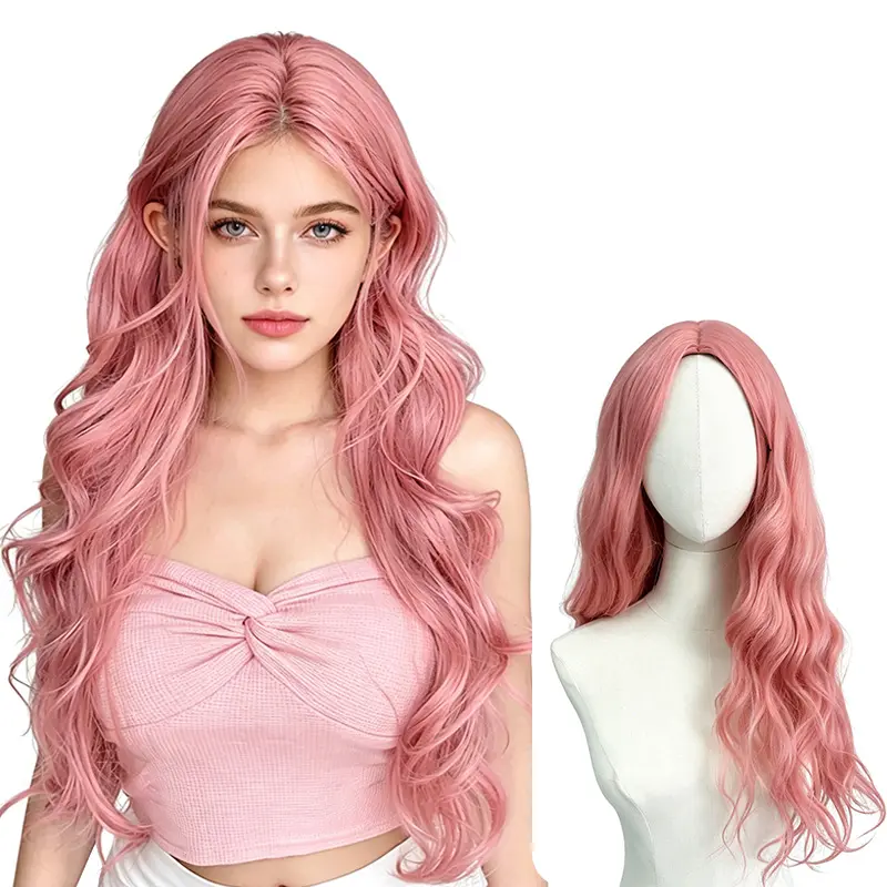 Lotfon 25 Inch Long Curly Synthetic Wig for Women, Bright Pink No-Bangs Style, Lightweight Natural-Looking Hair for Everyday Use, Synthetic Hair, Waves, Hair Wigs