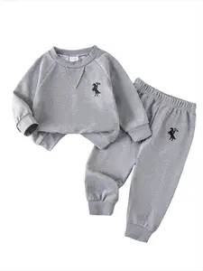 Toddler Baby Boy Gray Long Sleeve Sweatshirt and Jogger Pants Set, Soft Ribbed Cuffs, Embroidered Casual Outfit, Spring Fall Everyday Wear, Comfortable 2 Piece Tracksuit for Infant Boys