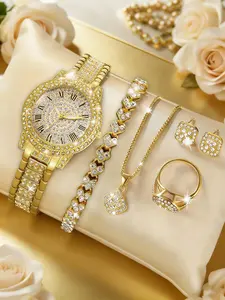 Women's Luxury Elegant Quartz Watch Set, Matching Jewelry Set, Alloy Chain Strap, Perfect for Dates, Travel, Parties, Includes Bracelet, Earrings, Ring, Necklace