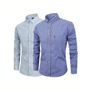 2-Pack Men's Pure Cotton Plaid Casual Long Sleeve Shirts - Blue and White Check Design, Button Collar, Machine Washable, Perfect for Casual Wear, Comfortable Daily Wear Top Fabric