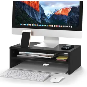 Monitor Stand Riser, 2 Tiers Wood Monitor Riser Stand with Storage Organizer, Desktop Ergonomic Monitor Stand Riser with Cellphone Holder and Cable Management, 16.5 Inch Desk Shelf, Black