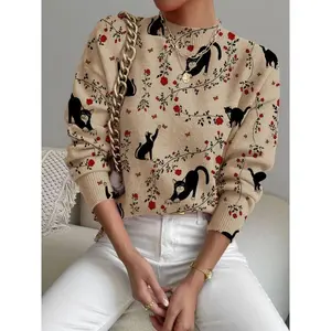 Women’s Floral Cat Print Stand Collar Sweater, Autumn/Winter Casual Long-Sleeve Knitwear, Comfortable Warm Everyday Wear