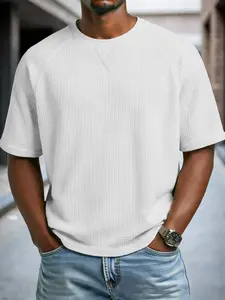 Men’s waffle knit short-sleeve T-shirt, lightweight breathable fabric with a refined feel, crew neck, soft stretchy casual top suitable for summer streetwear, everyday wear, travel, outdoor activities, and all-day comfort.