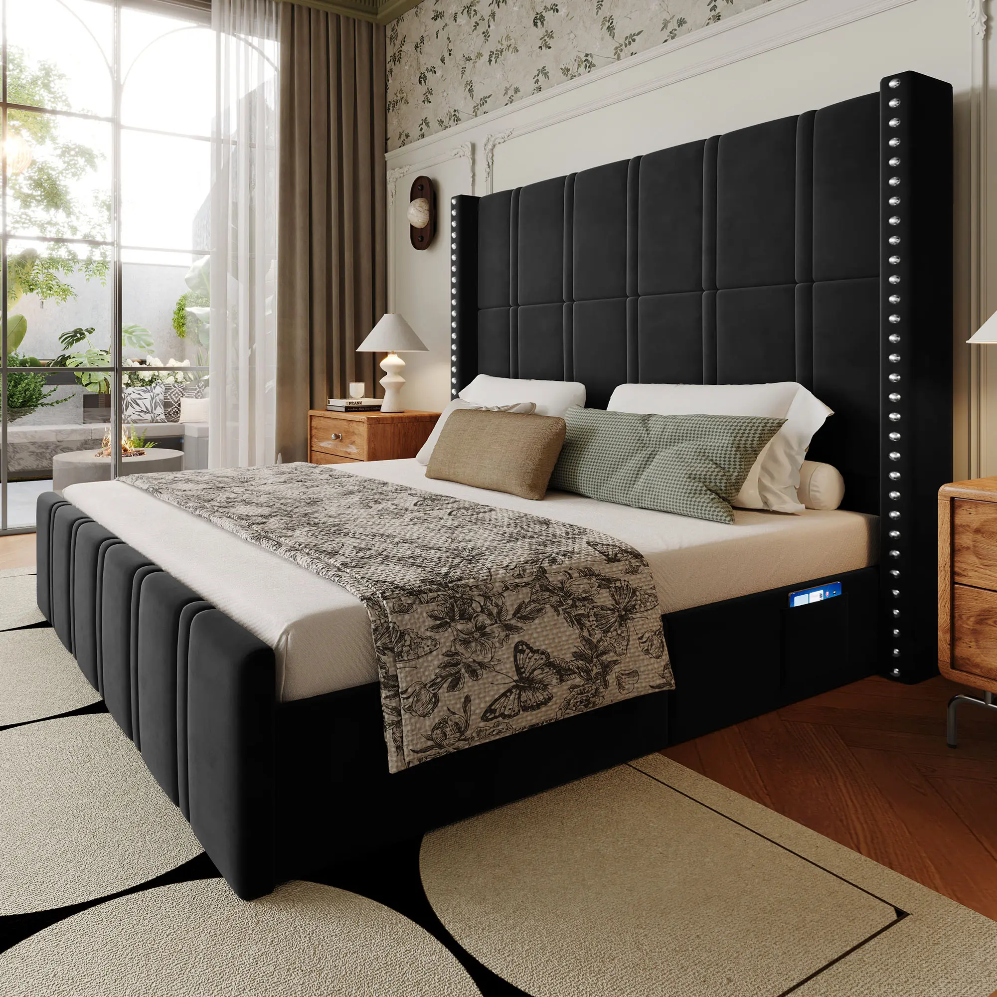 [Summer Sale Deals]Queen Bed Frame with 65.75" Tall Headboard, Luxury Velvet Upholstered Platform Bed with Storage Pockets, Wide Wingback Design, Noise-Free, Easy Assembly, No Box Spring Needed, Black