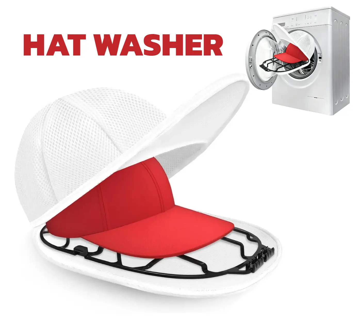 Baseball Cap Washer Cage - 1 Pack White PP Laundry Products Accessory with Adjustable Zippered Wash Bag, Free White Plastic Mesh Bag, No-Assembly Cleaning Tool, Dishwasher & Washing Machine Safe Shaper Protector for Adults, 1 Pack White (Free Gift-White M