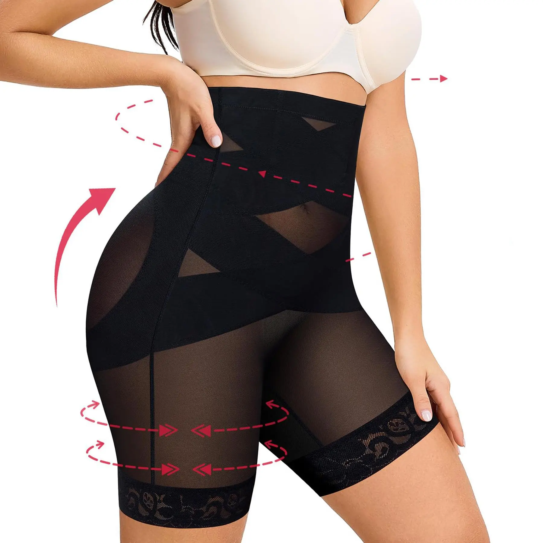 Women's High-Waisted Breathable Shapewear Pants - Tummy Control, Butt Lifting, Thigh Slimmer Boyshorts with Lace, Mesh Fabric, Sporty Chic Style for Activewear & Everyday Wear, Body Contouring, Basic