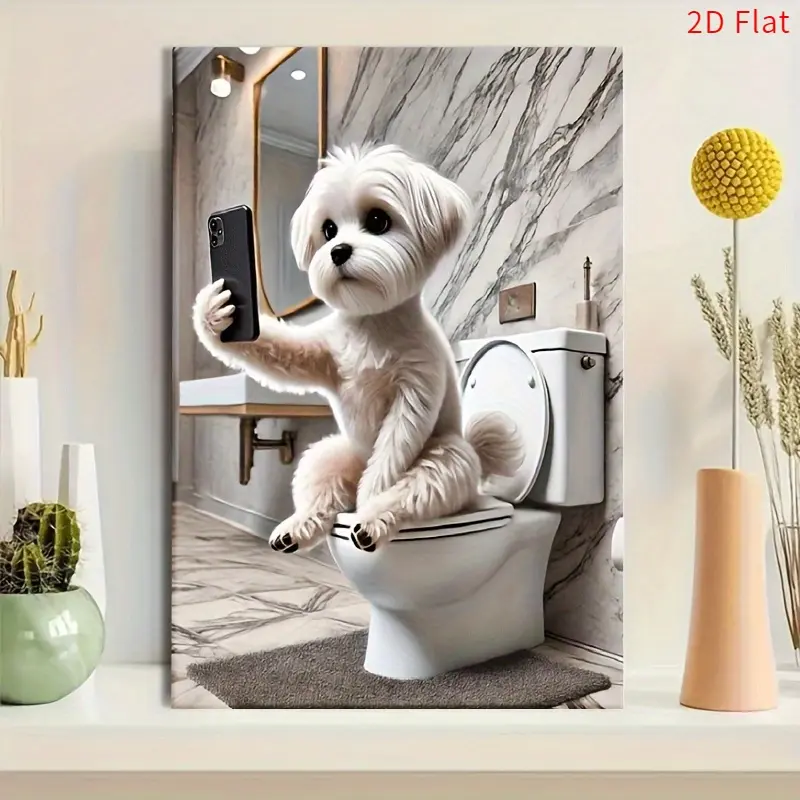 2D Flat, 1pc Framed Canvas Wall Art - Funny Maltese Dog Taking Selfie in Bathroom - Cute Maltese Puppy Poster with Wrap-Around Frame, Modern Farmhouse & Art Deco Style - Vertical Pet Lover Gift for Home, Office, Room Decor - Ready to Hang, 2D Flat