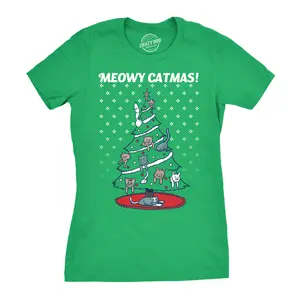 Womens Meowy Christmas Cat Shirt Tree Ugly Merry Crazy Funny Gift Sweater Funny Womens T Shirts Cute Vintage Fashion Casual Ladies T-Shirt Gift Christmas Tops for Women Funny Knit Pattern Top Women's Novelty Green