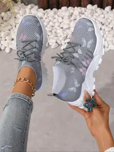 Women's Butterfly Print Lace Up Low Top Sneakers, Casual Breathable Comfortable Sports Running Shoes, All-match Basic Shoes for Daily Wear, Fashionable Running Shoes