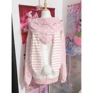 Autumn Japanese Pink Patchwork Overcoat Women's Sweet Kawaii Zipper Lace Polka Dot Hoodie 2025 New Loose Lovely Strawberry Coat