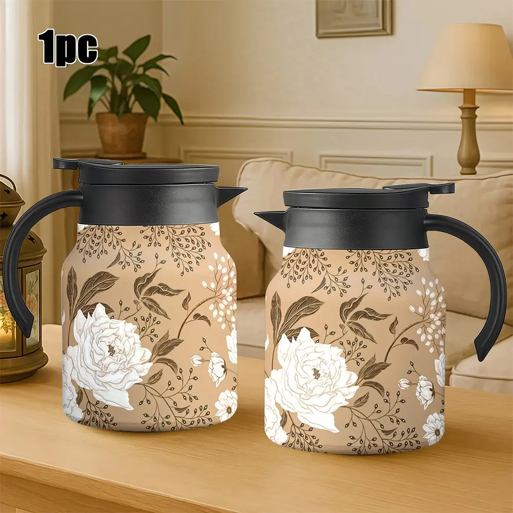 1pc 34oz Retro Gilded Peony Insulated Tea Pot for Home Use - Large Capacity Tea Infuser - Available in Khaki / Black and Gold Colors - Tea Infuser with Handle