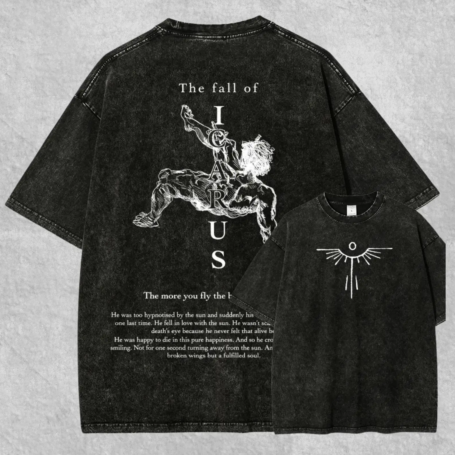 Men's Icarus Washed Tshirt - The Fall of Icarus Graphic Top, Unisex Baggy Loose-Fitting Vintage Wash Shirt, Greek Mythology Streetwear, Dark Academia Floral Art Tee, Short Sleeve, Two-Side Art