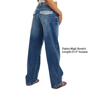 Flamingals Colorblock Flap Pocket Back Low Waist Straight Leg Jeans Womenswear Bottoms