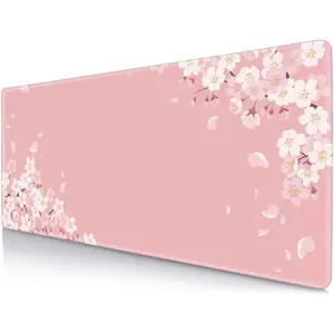 Pink Japanese Desk Mat, Cherry Blossom Large Gaming Mouse Pad, Non-Slip Rubber Base Mousepad Desk Decor for Women, Desk Pad for Work, Game, Office, 24x14 Inch- Sakura Flowers Aesthetic