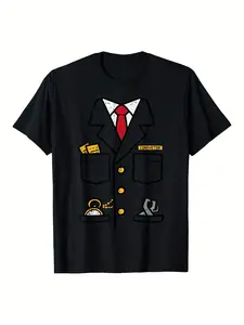 Men's Train Conductor Costume T-Shirt - Soft Breathable Cotton Vintage Railway Graphic Tee with Conductor Uniform Design (Captain's Hat, Red Tie, Watch, Locket) - Lightweight Crew Neck Shirt for Cosplay, Themed Parties, Railway Events - Machine Washable U