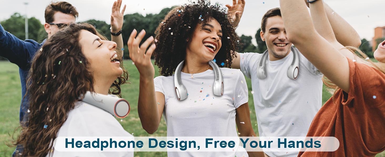 Hands-free car neck fan with cooling technology and up to 8 hours battery life, rechargeable bladeless design, perfect for exercise, driving, and travel; earphone-style to keep face, neck, and shoulders cool