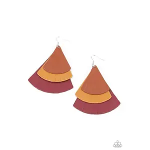 Fanatic Multi Earrings 1250 - Brown Tan & Samba Leather Triangular Frames with Tapered Edges Fishhook Fitting Colorful Rustic Frame