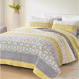 Boho Quilt Set King, Yellow Bohemian Striped Patchwork Bedspread Coverlet Set with 2 Pillowcases,Lightweight Microfiber Floral Bedding Set 104"*90"
