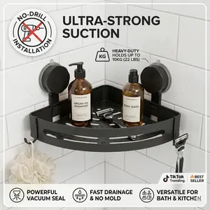 Strong Suction Bathroom Corner Shelf No Drill Space Saving Organizer for Towels Toiletries Showerhead Holder Showerboard Ultra Strong Suction Heavy Duty Holds Up To 10kg 22lbs
