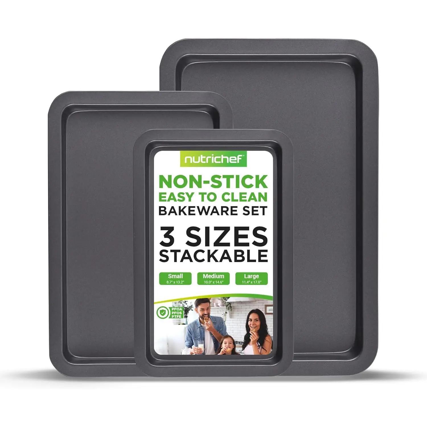 NutriChef 3-Piece Nonstick Cookie Sheets for Baking - Heavy Duty Steel Baking Sheet Pans Set for Toasters & Oven - Large, Medium, and Small Sized Baking Tray - Easy to Clean, Black