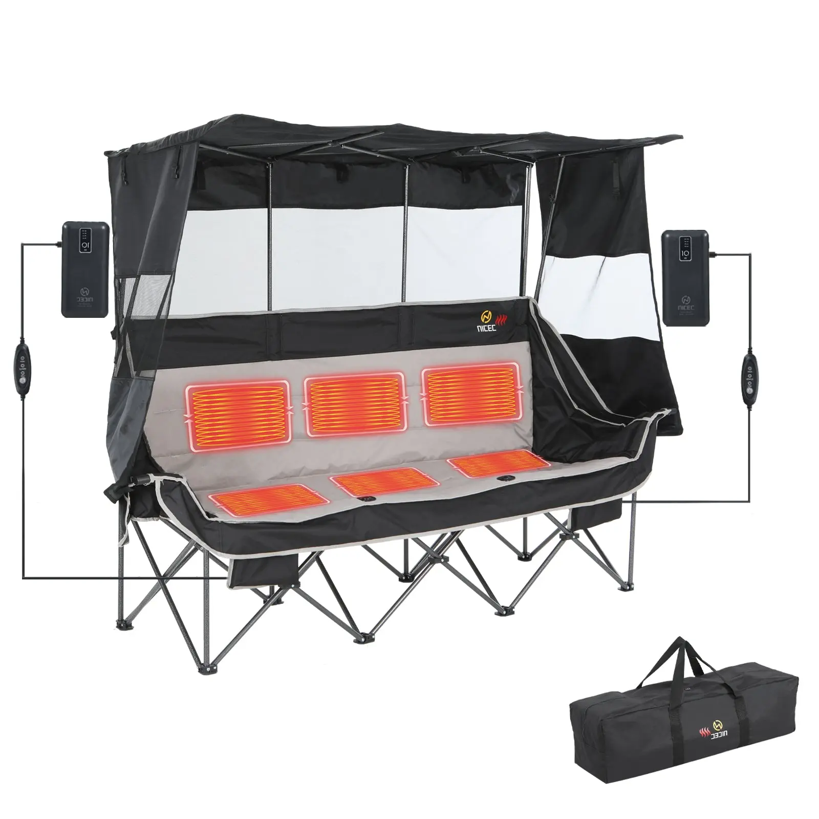3-Person USB Heated Camping Loveseat, Extra Wide 76.5" Padded Outdoor Chair with Detachable Canopy, Cooler & Roll-up Shades, Heavy-Duty Steel Frame Supports 661 lbs, Three-Person, Usb Heated Seats