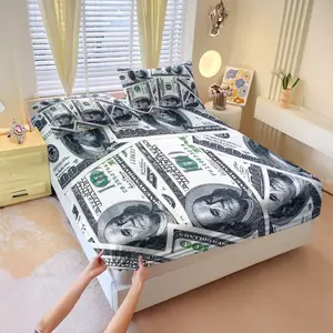3 Pcs Hundred dollar bill Print Fitted Sheet Set,Includes 1 Fitted Sheet & 2 Pillowcases without Filler,Using the 100 dollar banknote as the full print pattern,Interesting wealth themed trend elements,Soft and comfortable bedroom bedding, Comfy Bed Sets