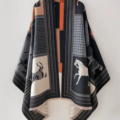 Unisex Horse Print Polyester Shawl, Soft Warm Casual Blanket Scarf for Fall & Winter, Fashionable Daily Wear Accessory, Perfect Birthday Gift Idea