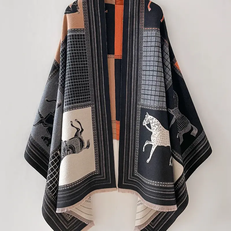 Unisex Horse Print Polyester Shawl, Soft Warm Casual Blanket Scarf for Fall & Winter, Fashionable Daily Wear Accessory, Perfect Birthday Gift Idea