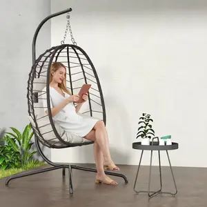 [Mother's Day gift]Hanging Egg Chair with Stand – Handwoven Rattan Patio Swing with Cushion, 350lb Capacity – Indoor/Outdoor Chic for Patio, Garden & Poolside