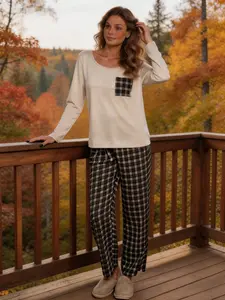 Women's Casual Sleepwear Set, Comfortable Long Sleeve Top & Plaid Pants, Loose Fit for Home, Leisure, Daily Outdoors, All Seasons Fashion