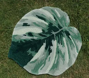 Handmade Rug 34″ x 31″  - Monstera Green and White Leaf Design Rug