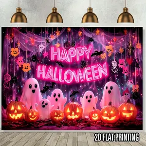 1pc 2D Flat Neon Glow - in - the - Dark Happy Halloween Banner Printing - Neon Pink Black pty decors Glowing Letters Witches Ghosts Bats Pumpkins Cobwebs - Backdrop Indoor/Outdoor Parties All